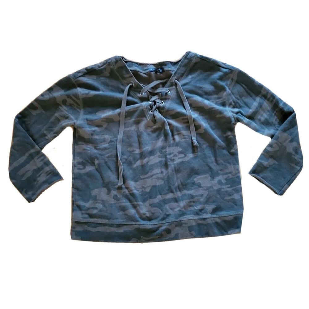 Sanctuary Sweater Sweatshirt Women Large Green Camo Lace Up Neck Everyday Casual - Picture 1 of 12